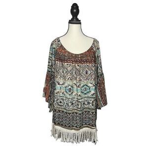 Ali Miles Tunic Top Women's 1X Southwest Aztec‎ Print Fringe Bell Sleeve Boho